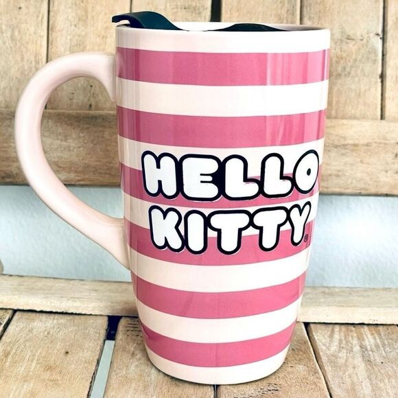 NWT Gorgeous Hello Kitty Pink Striped Glossy Ceramic Tall Travel Mug with lid - Picture 15 of 16